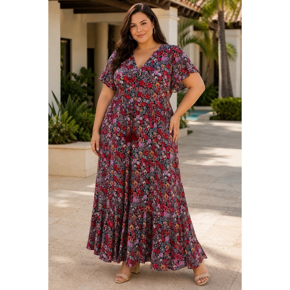 Knox Rose XXL 2X Floral Maxi Dress Boho Rayon Flutter Sleeve Tassel Waist AB34